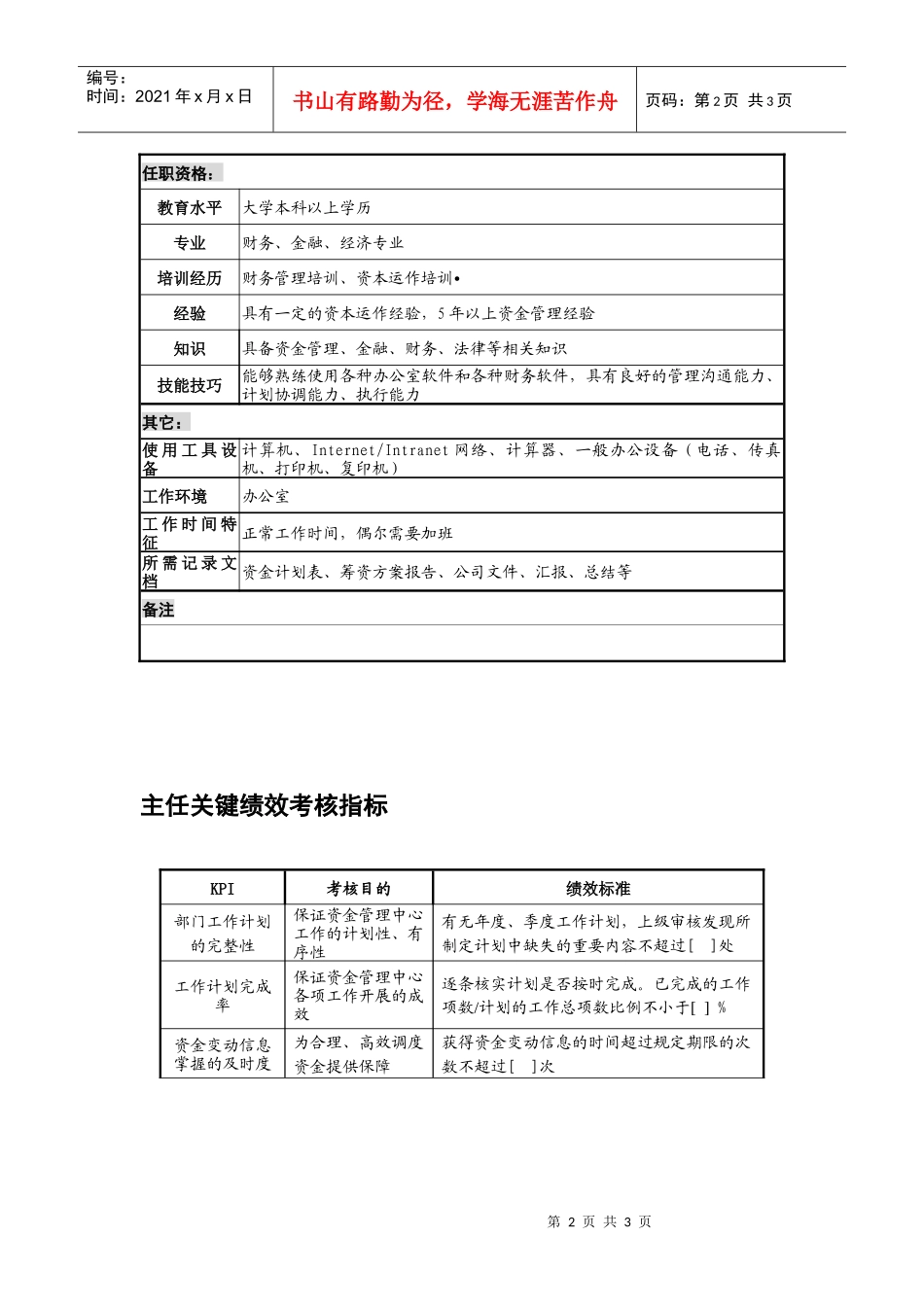 某地产企业资金管理中心主任岗位说明书及KPI指标_第2页