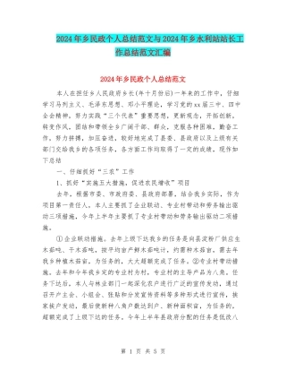 2024年乡民政个人总结范文与2024年乡水利站站长工作总结范文汇编