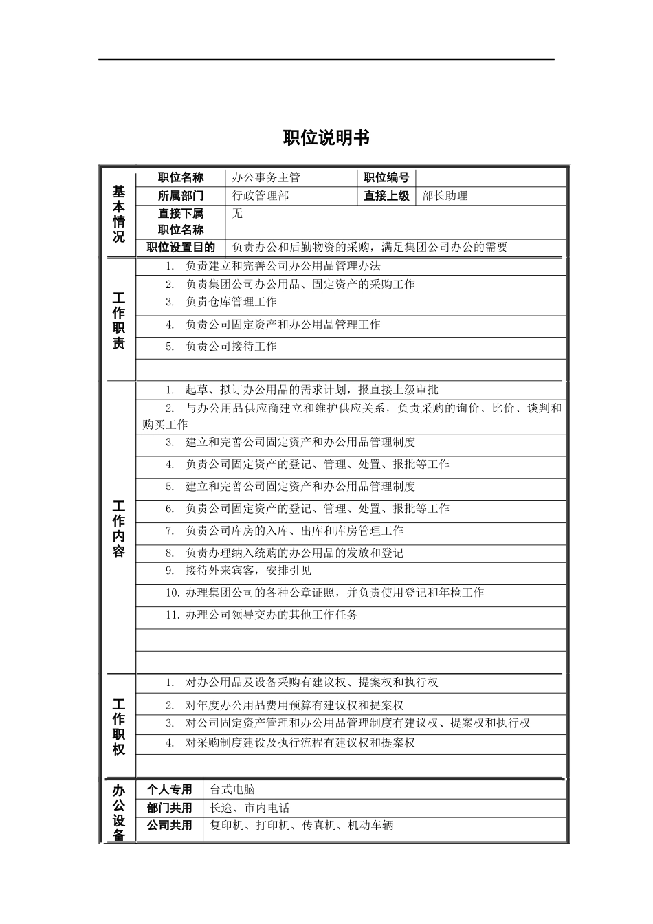 行政管理部_办公事务主管_岗位说明书_第1页