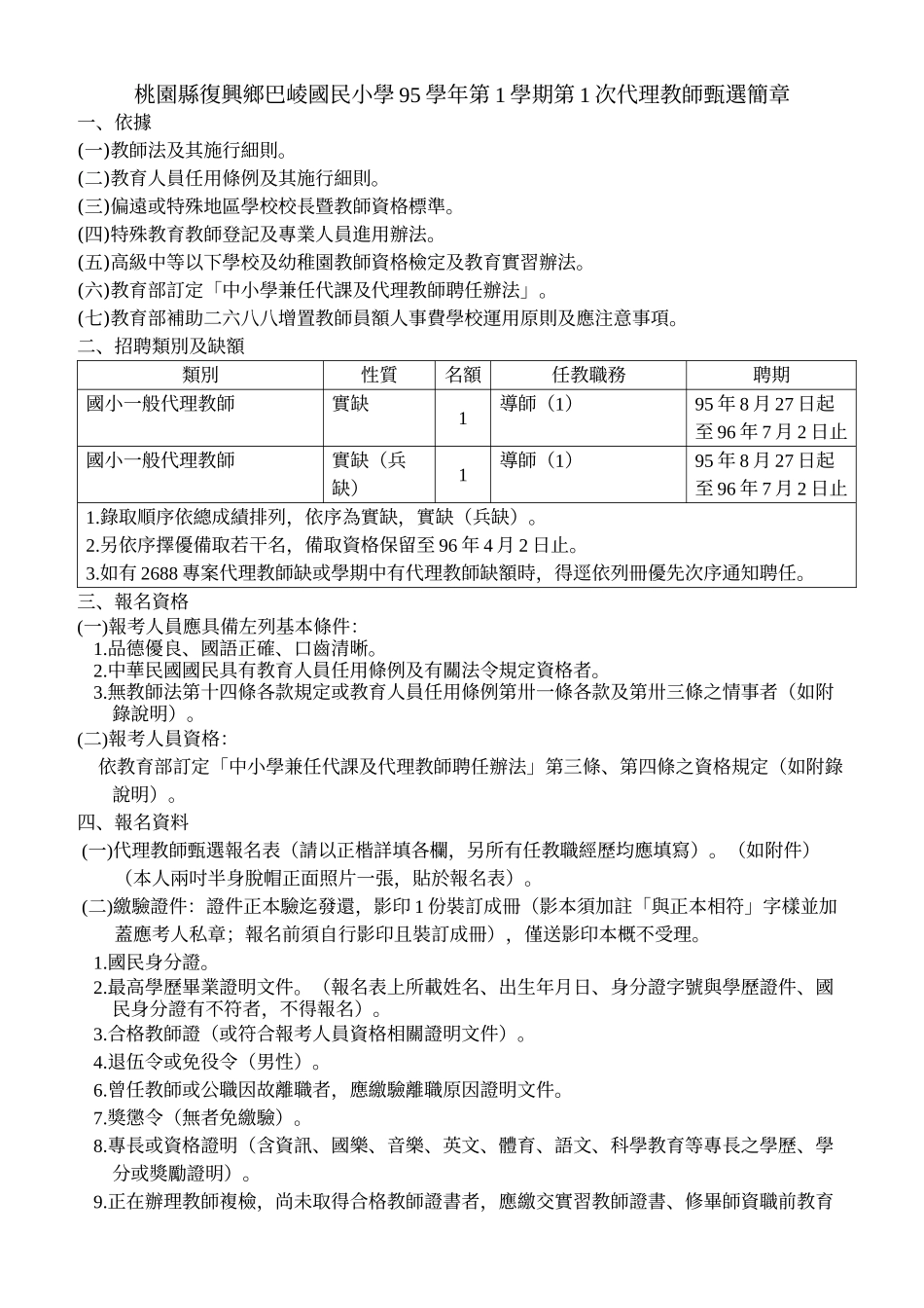 桃园县复兴乡巴崚国民小学95学年第1学期第1次代理教师甄选简章_第1页