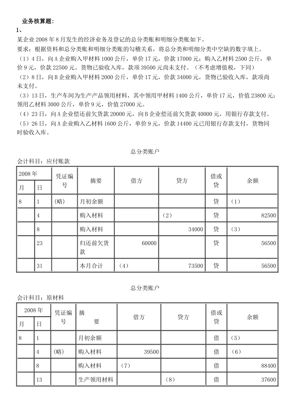 业务核算题--会计从业资格无纸化考试(会计基础)综合题_第1页
