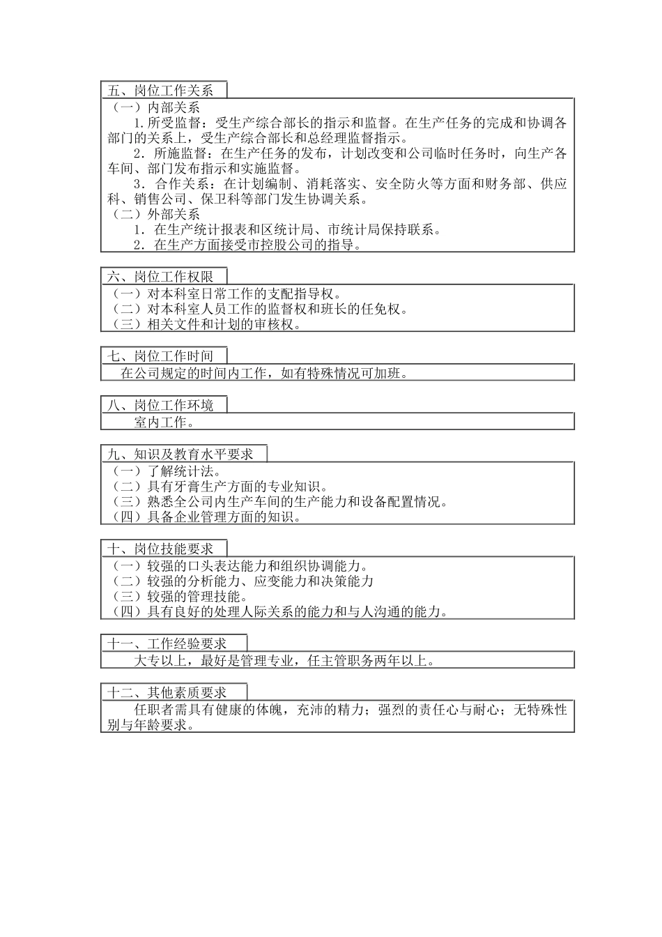 登康口腔护理用品股份有限公司生产科长岗位说明书_第2页