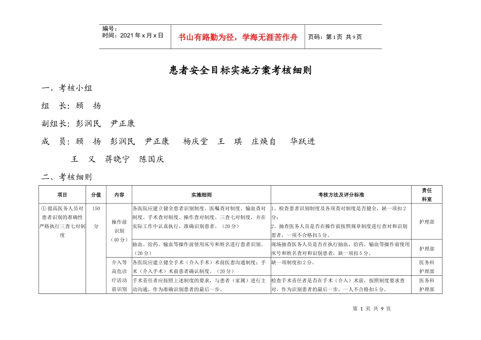 患者安全目标实施方案考核细则doc-患者安全目标考核_第1页
