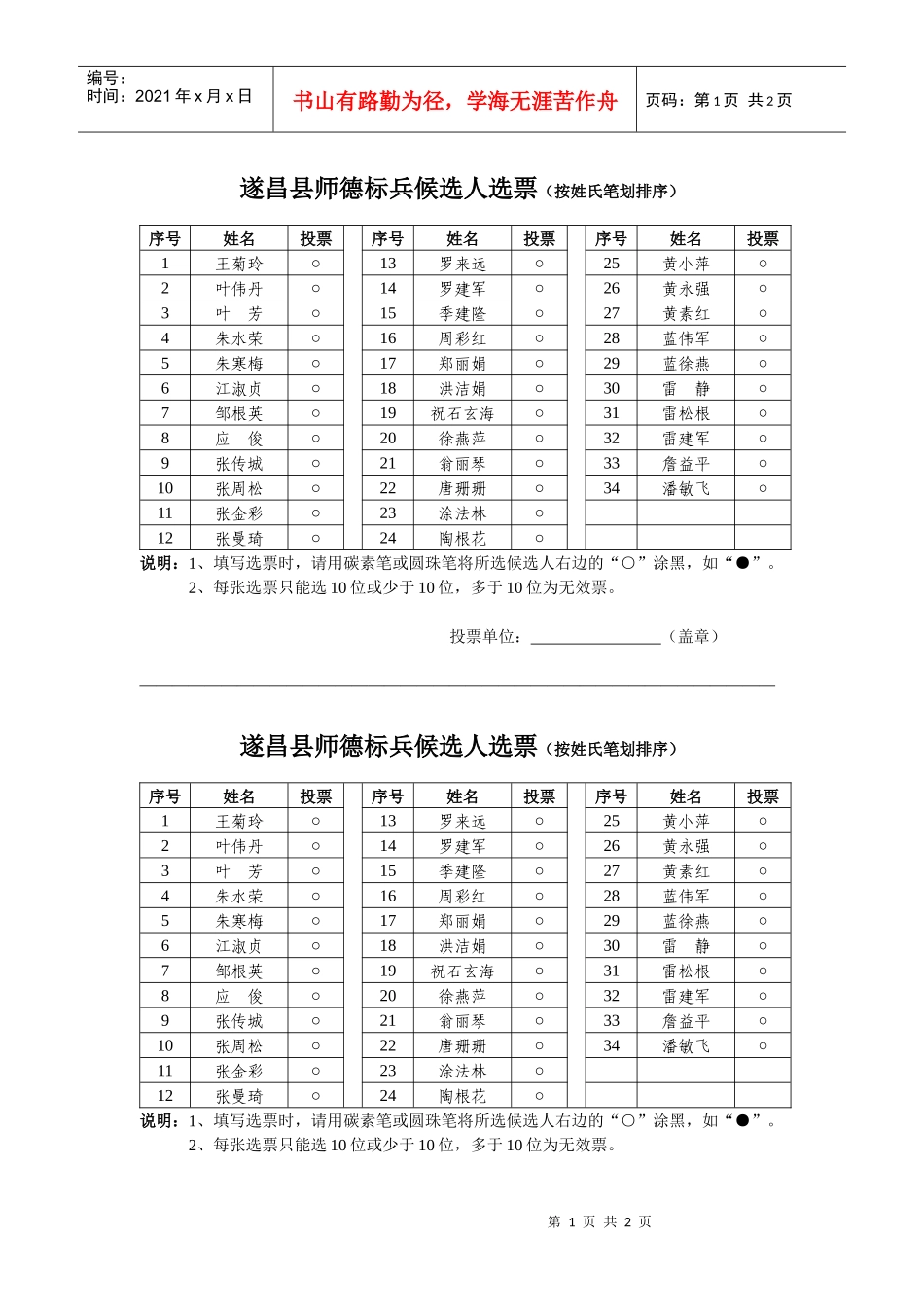 遂昌县师德标兵候选人选票（按姓氏笔划排序）_第1页