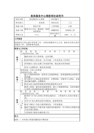 客房服务中心领班岗位说明书