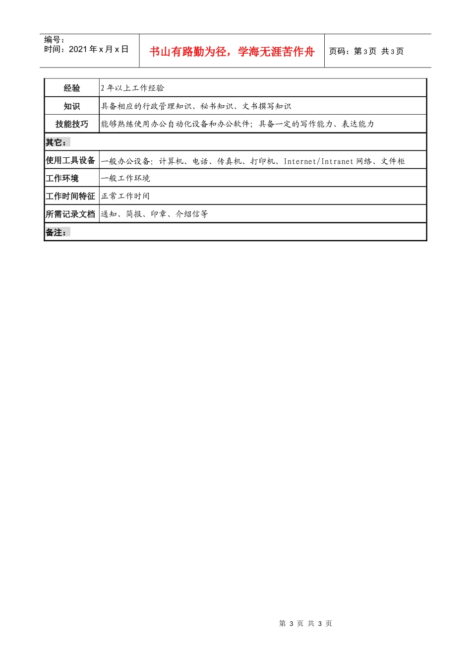 投资公司综合管理部行政秘书职务说明书_第3页