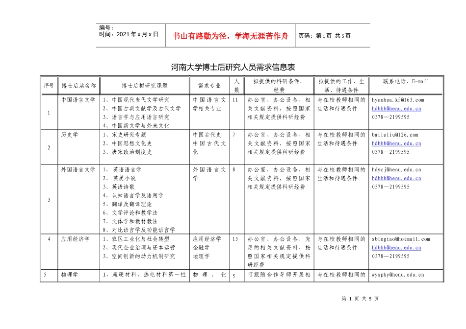 河南大学博士后研究人员需求信息表-河南省博士后研究人员需_第1页