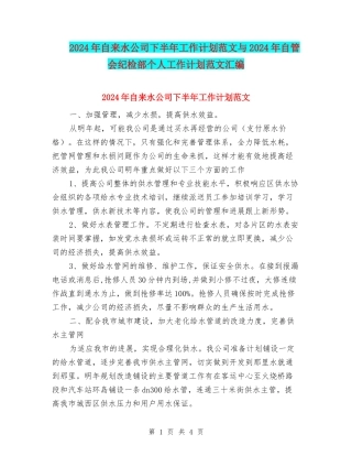 2024年自来水公司下半年工作计划范文与2024年自管会纪检部个人工作计划范文汇编