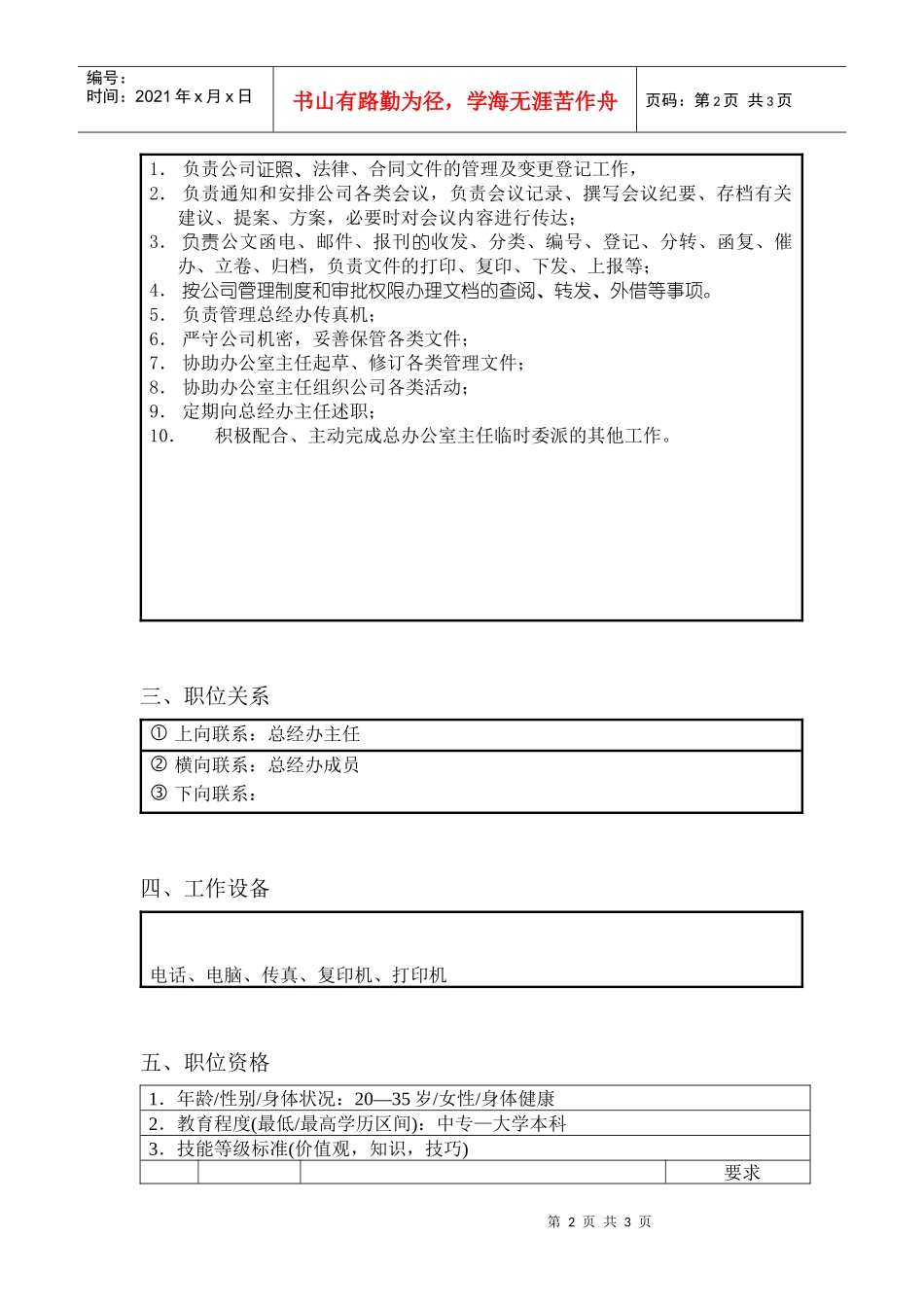 文职秘书类（行业通用）-总经办秘书职务说明书_第2页