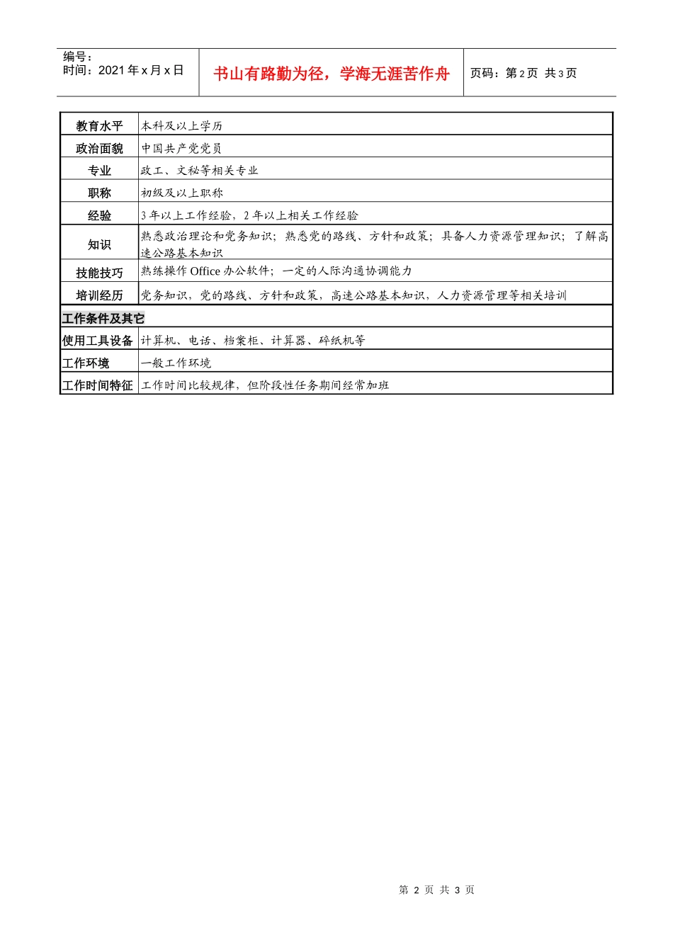 某高速公路公司组织干事岗岗位说明书_第2页