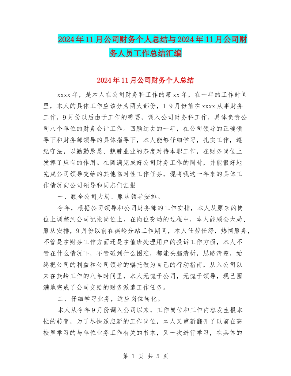2024年11月公司财务个人总结与2024年11月公司财务人员工作总结汇编_第1页