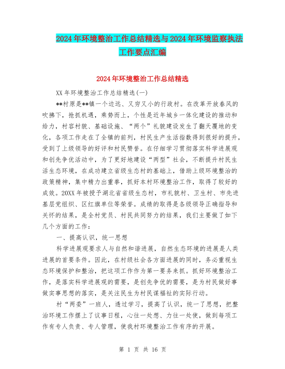 2024年环境整治工作总结精选与2024年环境监察执法工作要点汇编_第1页