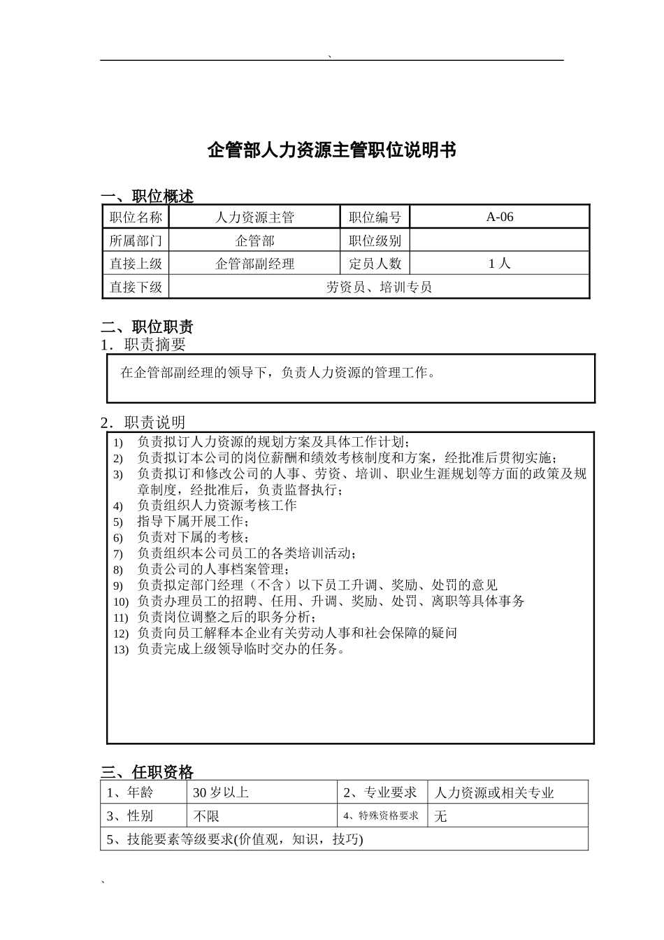 钢铁行业-企管部-人力资源主管岗位说明书_第1页