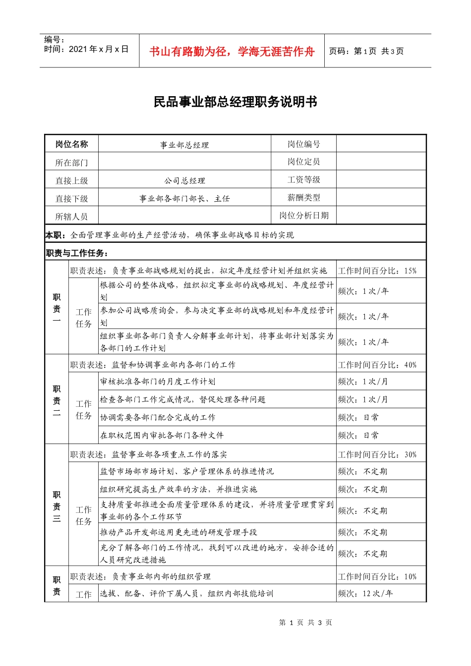 民品事业部总经理职务说明书_第1页