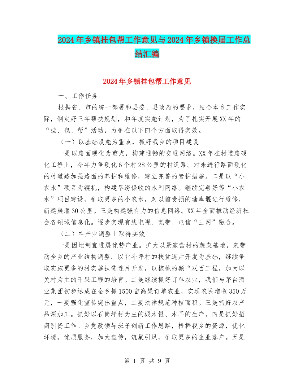2024年乡镇挂包帮工作意见与2024年乡镇换届工作总结汇编_第1页