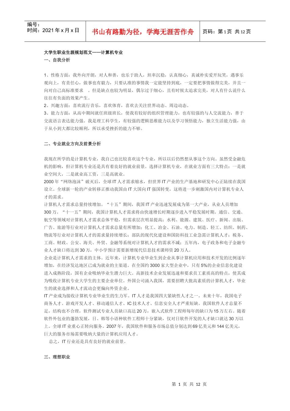 职业生涯规划模板_计算机专业_第1页