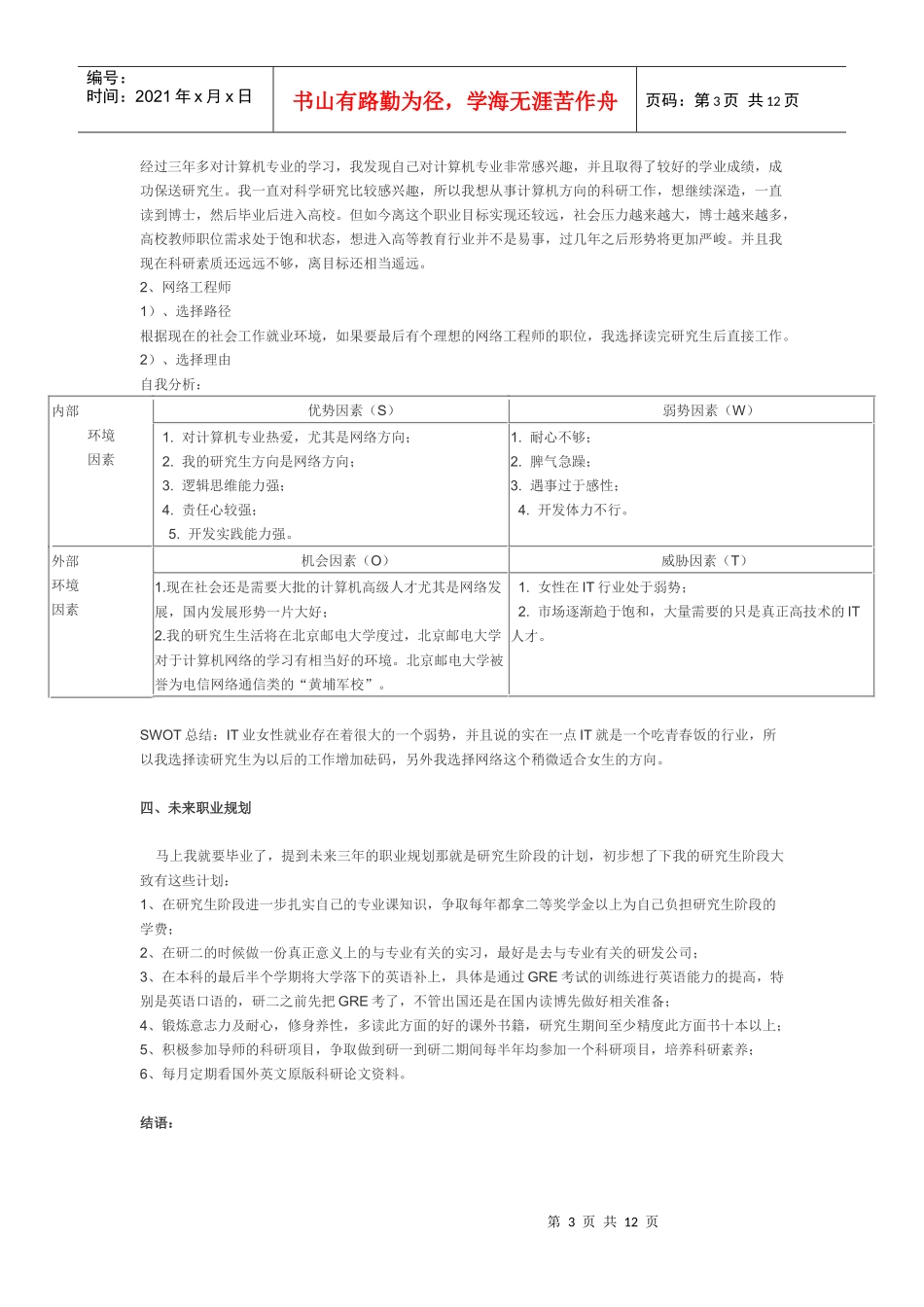 职业生涯规划模板_计算机专业_第3页