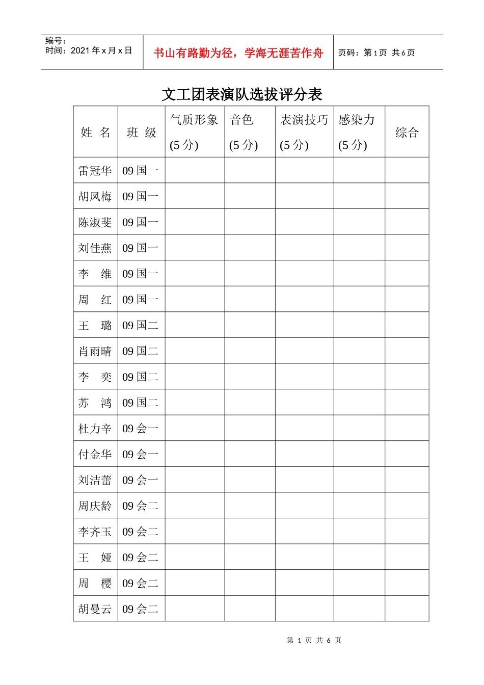 文工团表演队选拔评分表_第1页