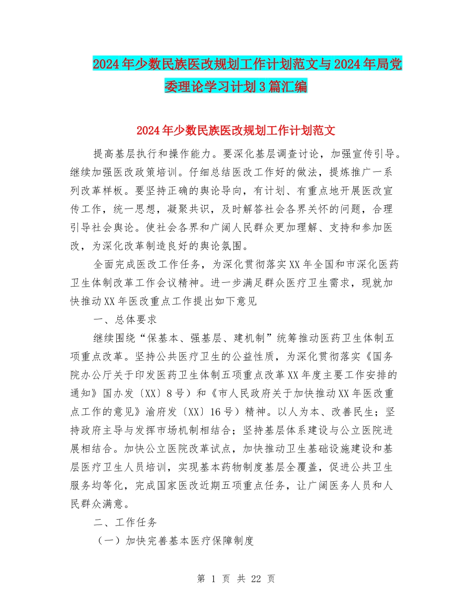 2024年少数民族医改规划工作计划范文与2024年局党委理论学习计划3篇汇编_第1页