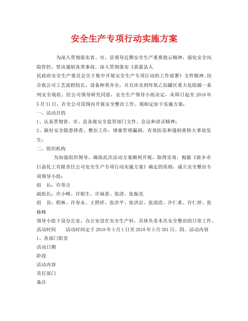 《安全管理文档》之安全生产专项行动实施方案 _第1页