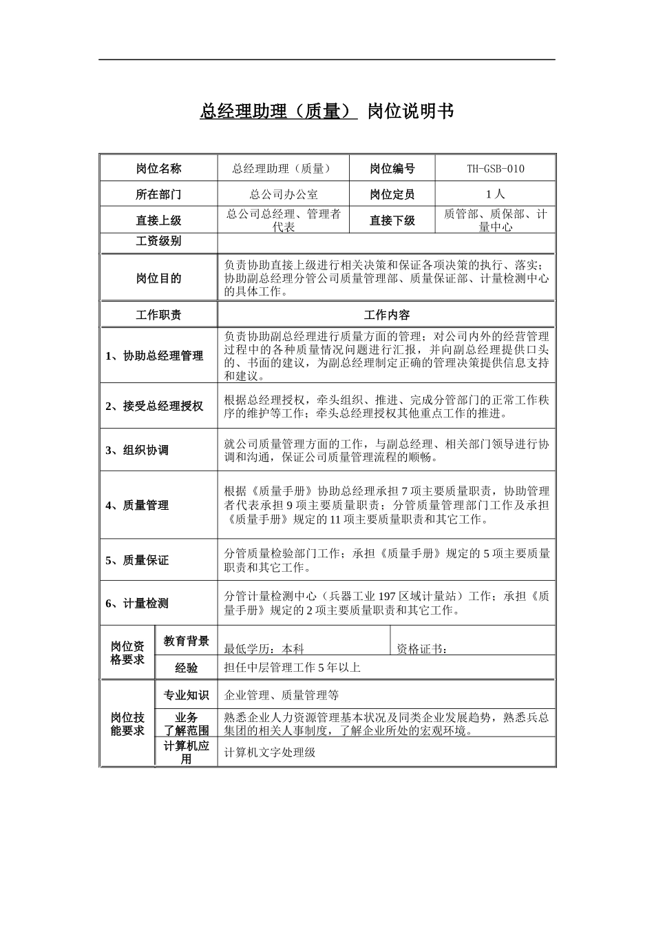总经理助理（质量）岗位说明书_第1页