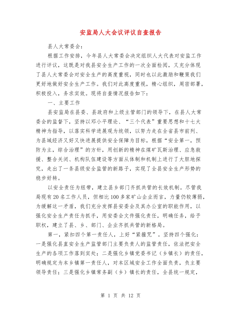 安监局人大会议评议自查报告_第1页