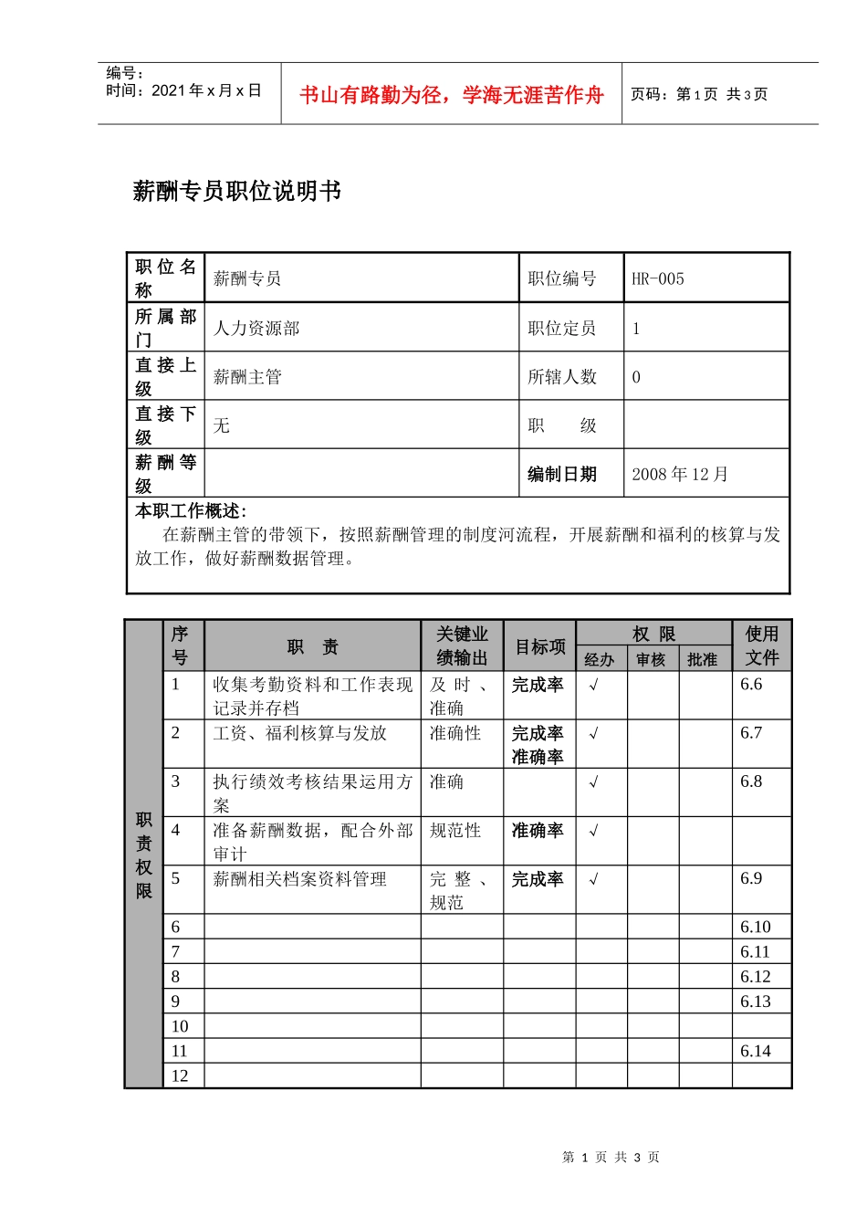 某航空物流公司薪酬专员职位说明书及关键绩效标准_第1页