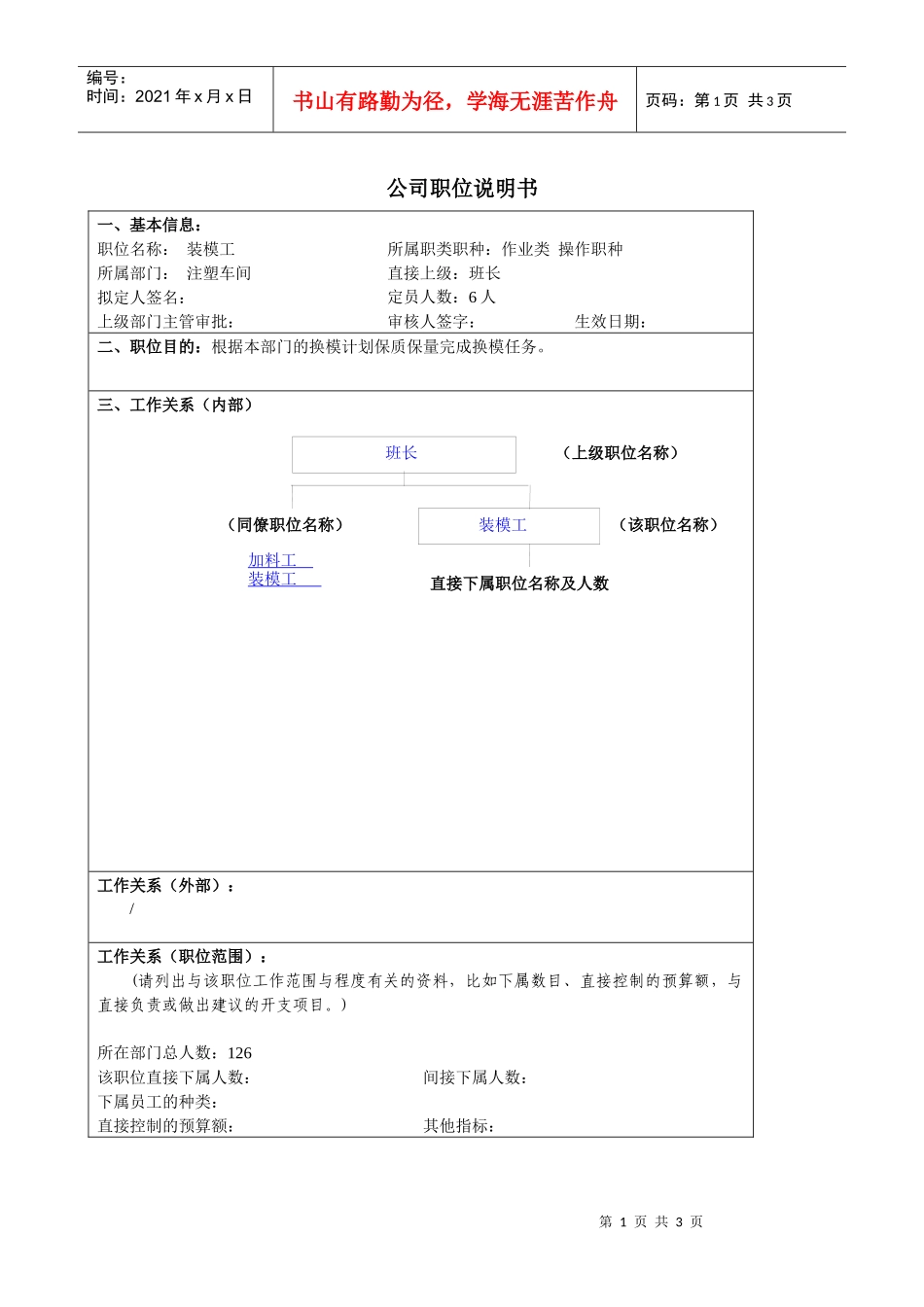 ：某大型汽车零部件公司装模工职位说明书_第1页