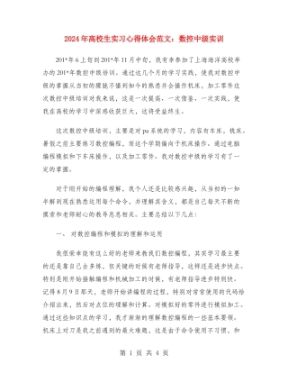 2024年大学生实习心得体会范文：数控中级实训