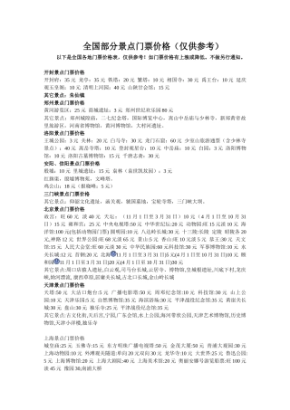 全国部分景点门票价格(仅供参考)