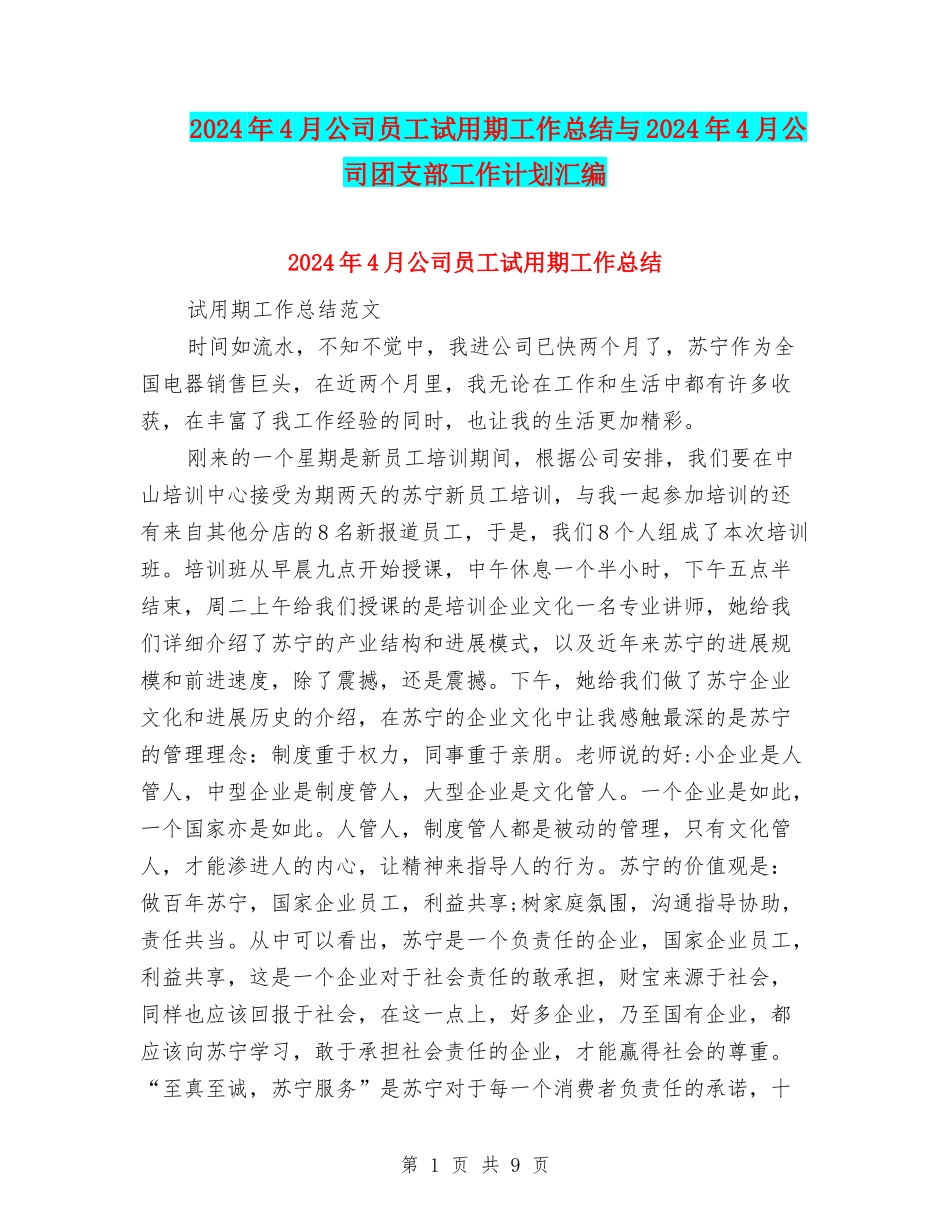 2024年4月公司员工试用期工作总结与2024年4月公司团支部工作计划汇编_第1页