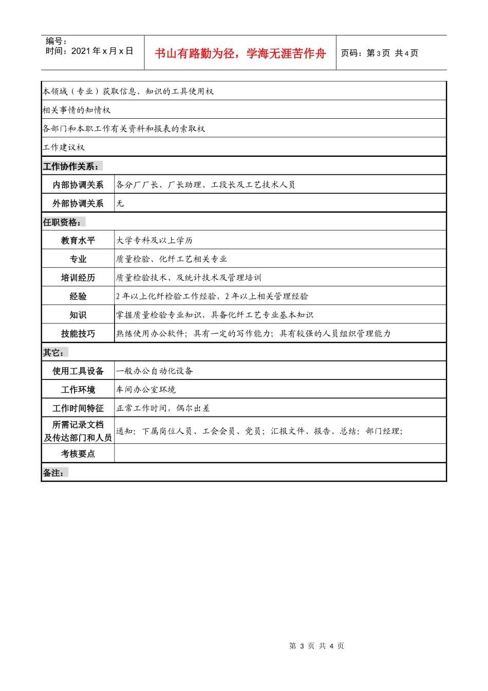 某化纤企业化纤检验工程师职务说明书_第3页