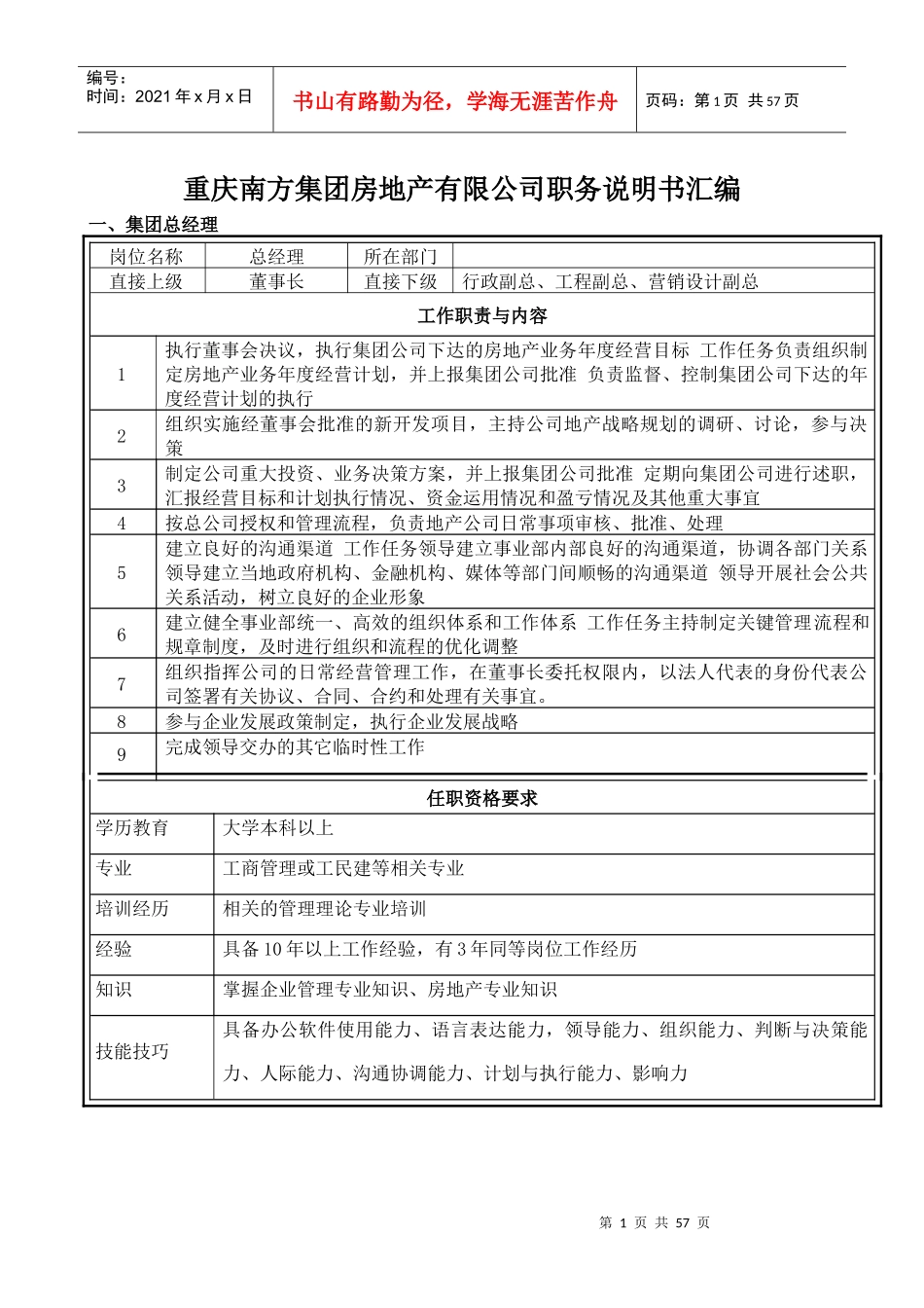重庆南方集团房地产有限公司岗位说明书汇编091022_第1页