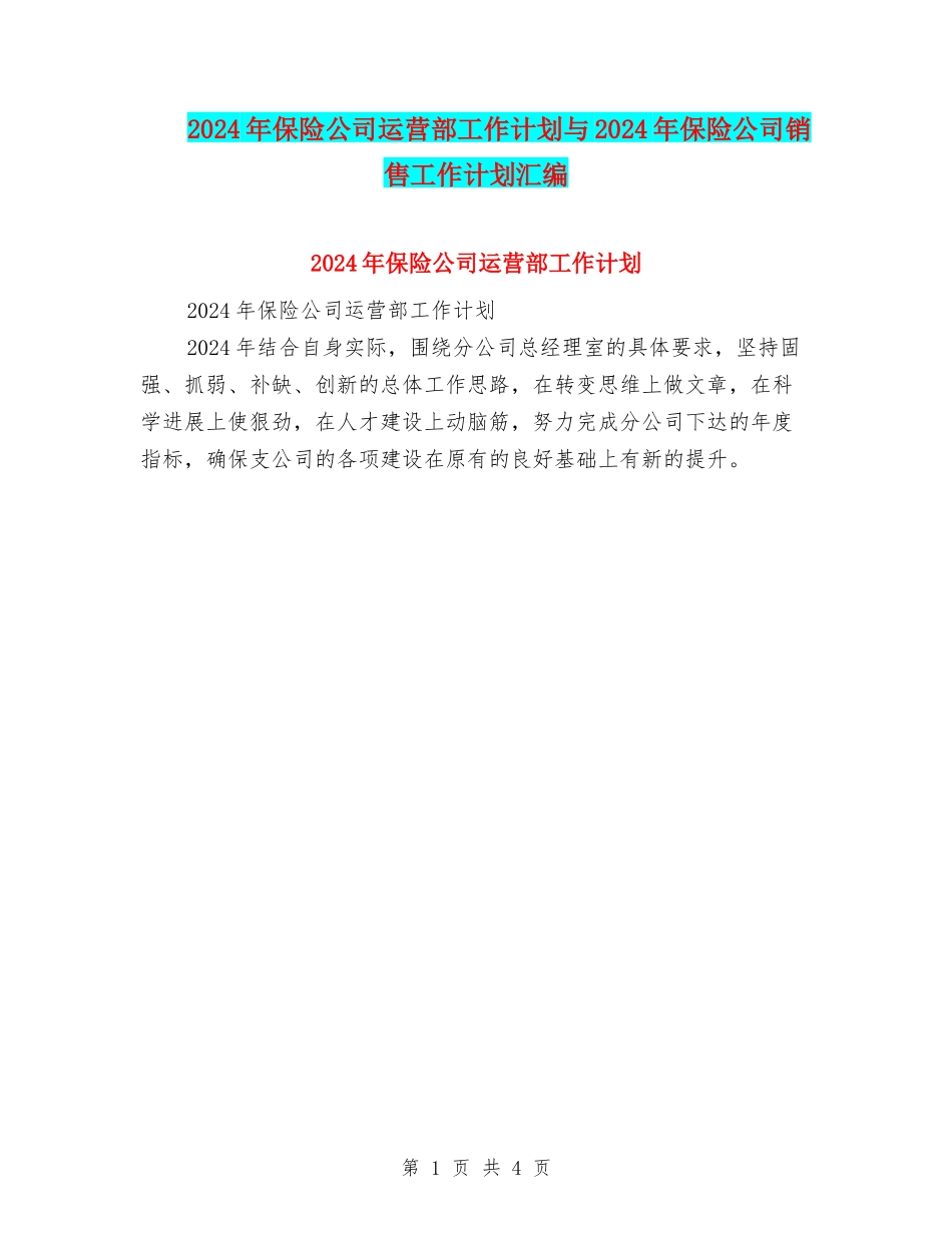 2024年保险公司运营部工作计划与2024年保险公司销售工作计划汇编_第1页