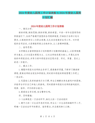 2024年度幼儿园周工作计划表格与2024年度幼儿园周计划汇编