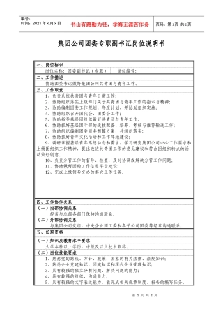 集团公司团委专职副书记岗位说明书