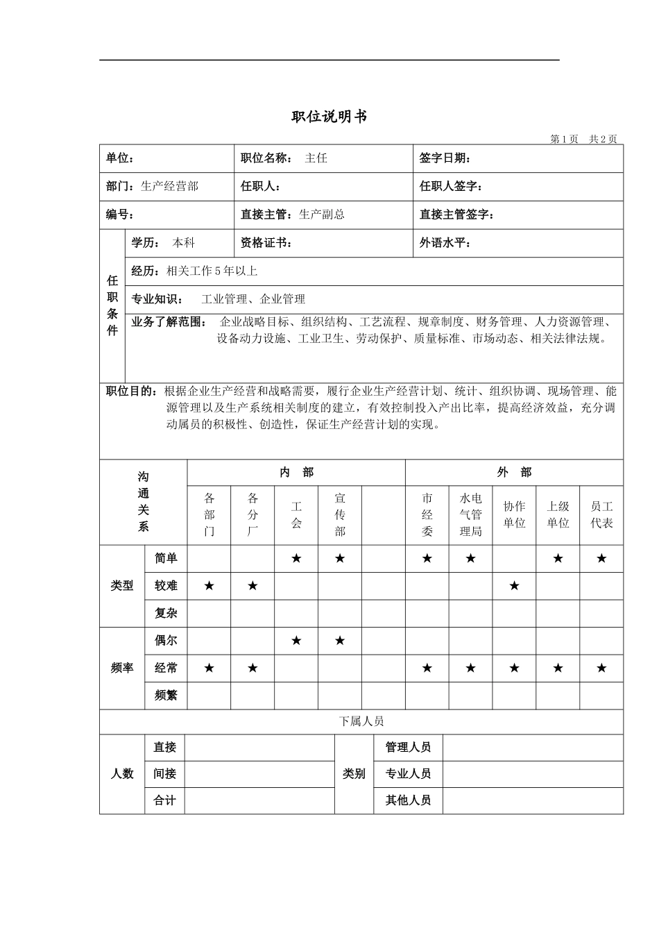 生产经营主任岗位说明书_第1页