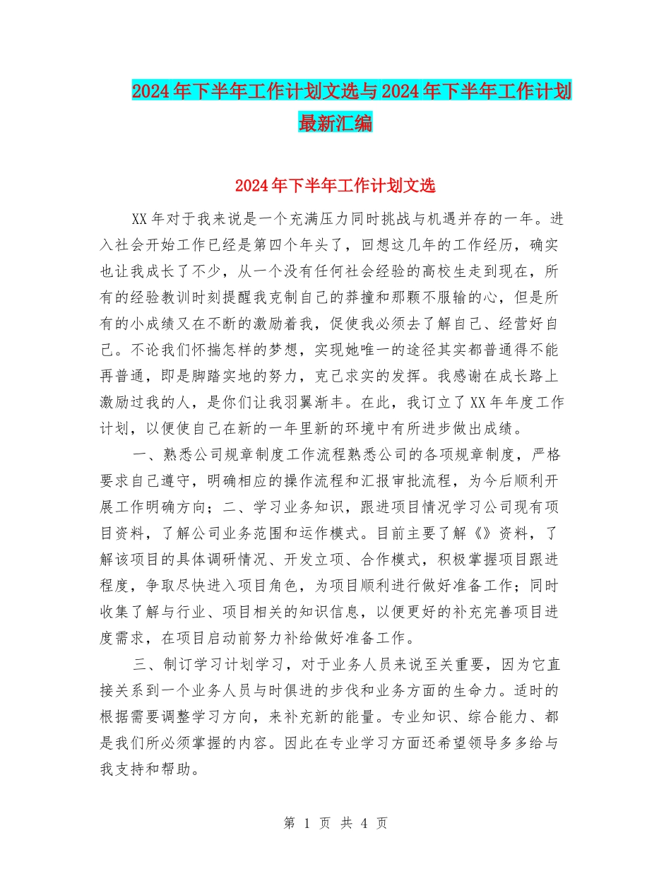 2024年下半年工作计划文选与2024年下半年工作计划最新汇编_第1页