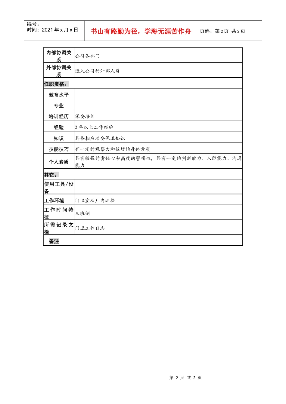 木业公司保安岗位说明书_第2页