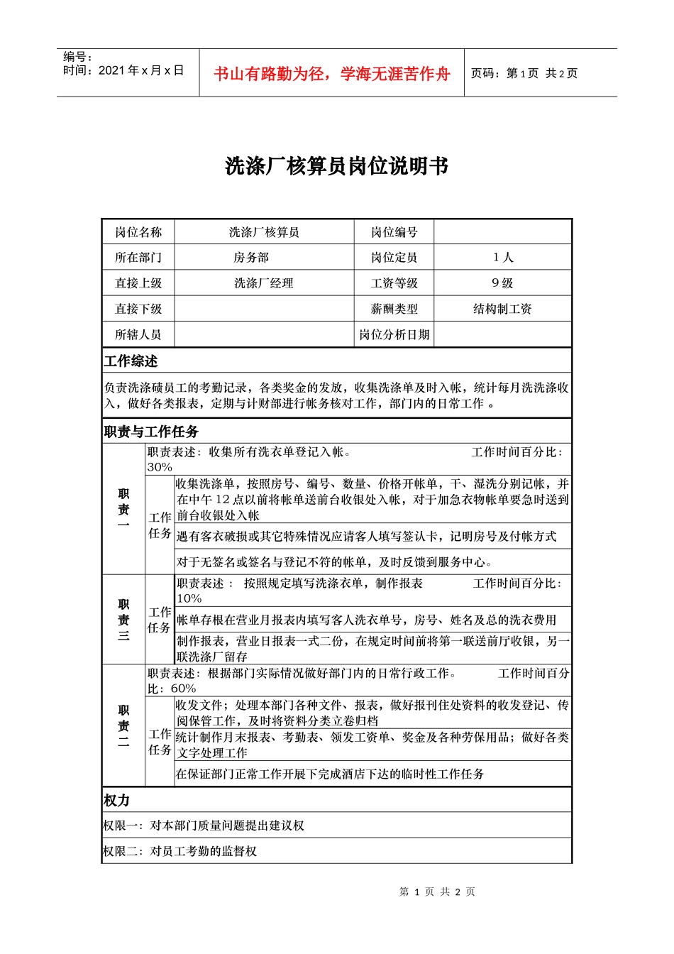 洗涤厂核算员岗位说明书_第1页