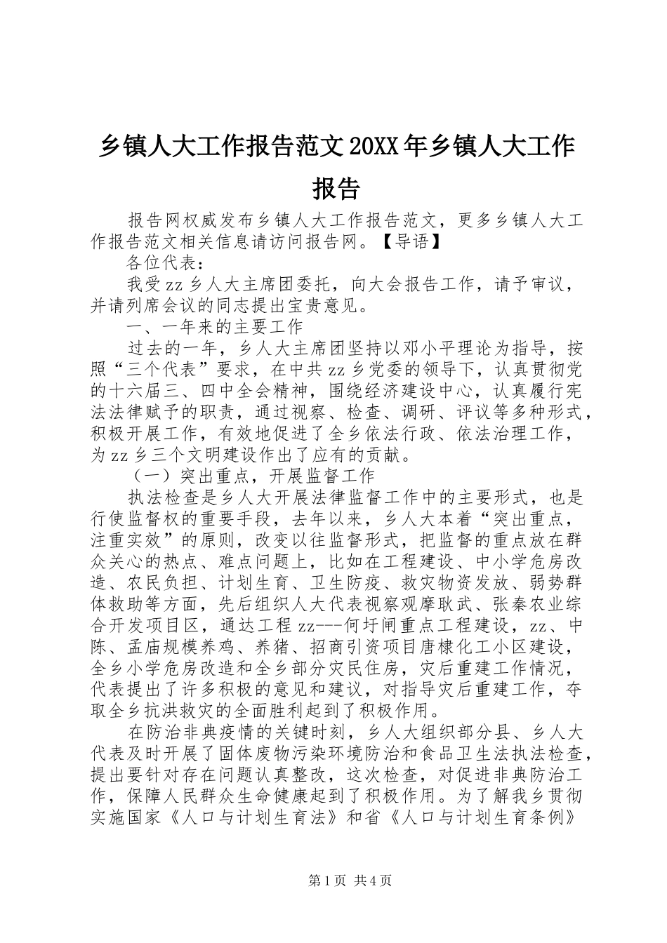 乡镇人大工作报告范文20XX年乡镇人大工作报告_第1页
