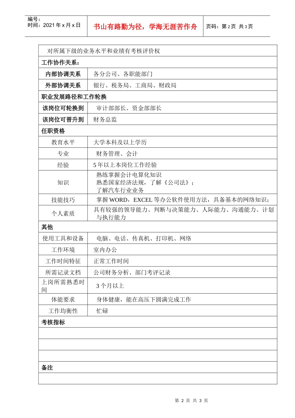 某汽车集团财务部财务部长岗位说明书_第2页