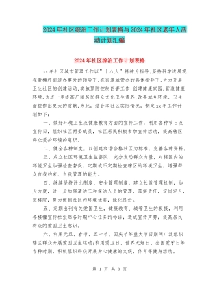 2024年社区综治工作计划表格与2024年社区老年人活动计划汇编