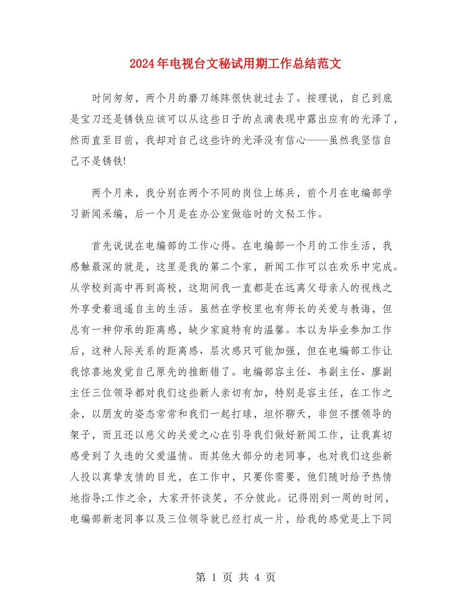 2024年电视台文秘试用期工作总结范文_第1页