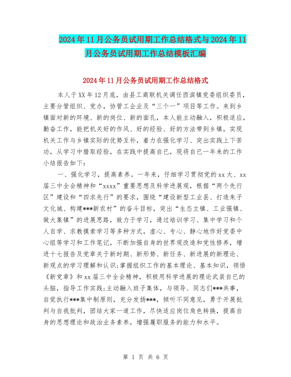 2024年11月公务员试用期工作总结格式与2024年11月公务员试用期工作总结模板汇编_第1页