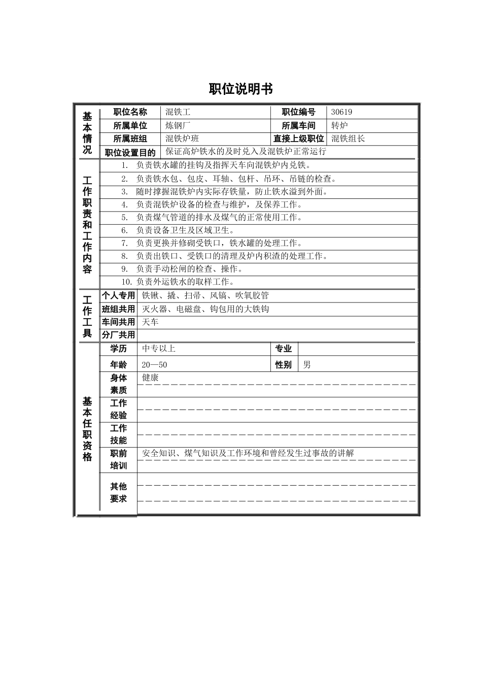 德龙钢铁-混铁工职位说明书_第1页