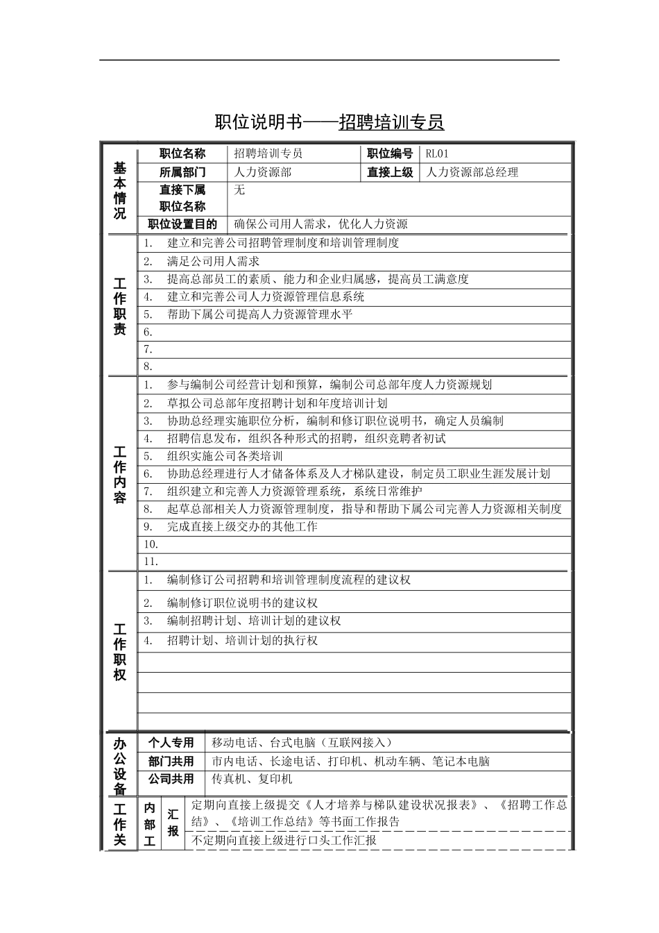 职位说明书——招聘培训专员_第1页