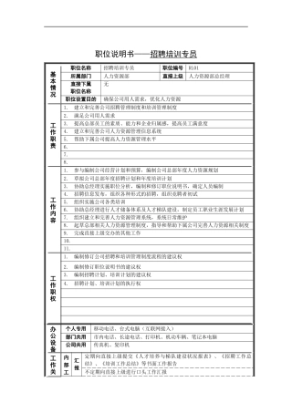 职位说明书——招聘培训专员