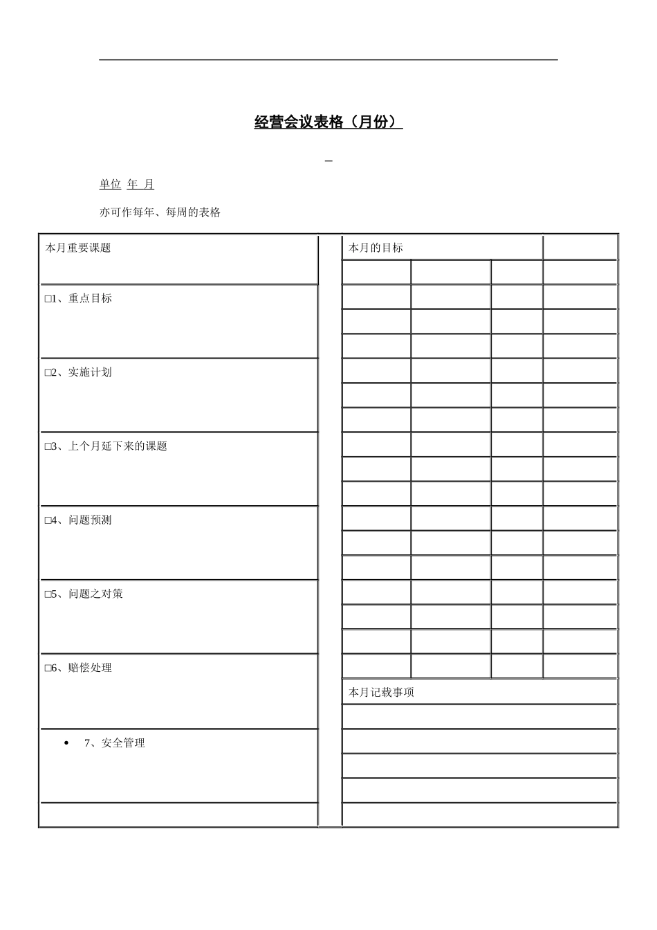 经营会议表格（月份）（DOC 2页）_第1页