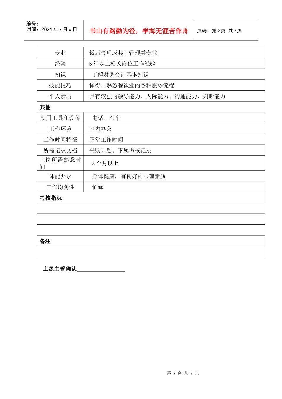 某汽车集团后勤部食堂主管岗位说明书_第2页